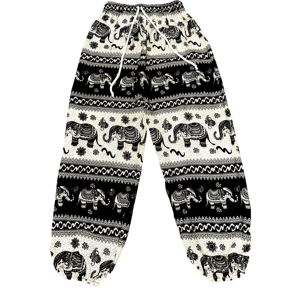 CCC Black Beige Elephant Print Rayon Pants Drawstring Waist Made In Thailand Med